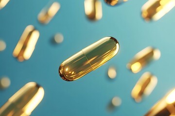 Shiny golden medical capsules are floating on a vibrant blue background, representing innovative drug development, pharmaceutical research, and healthcare advancements