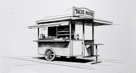 Tacos al pastor cart stall shop building design in sketch hand drawing black and white on plain white background