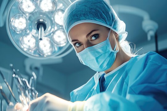 A female surgeon performs a procedure in an operating room, her focused expression reflecting professionalism and precision.