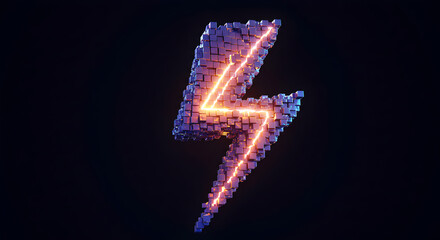 Digital Lightning Bolt With Cubic Blocks And Neon Glow Effect On Dark Background