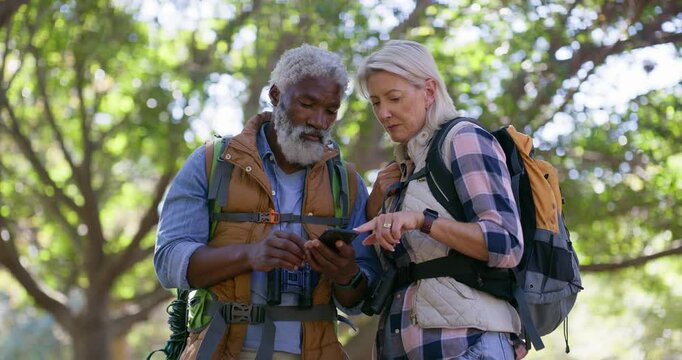 Senior couple, hiking and cellphone for direction, nature and travel with adventure, digital app and outdoor. Activity, old man and mature woman with smartphone, journey and forest with maps and talk