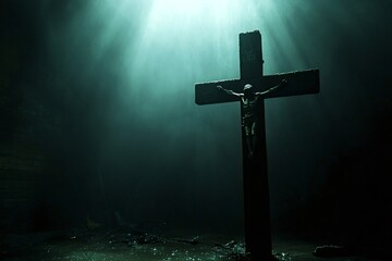 Naklejka premium Jesus christ on the cross, illuminated by beams of light, creating a dramatic and spiritual atmosphere in a dark and gloomy place, evoking themes of faith, sacrifice, and redemption