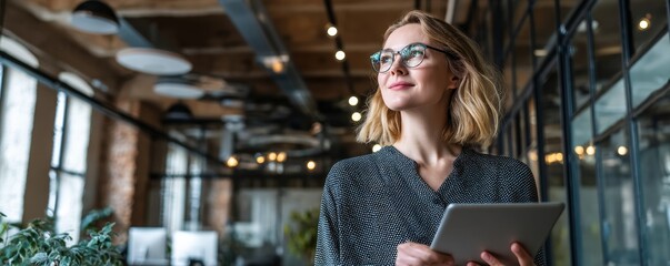 Confident business lady reviewing digital reports in modern office space