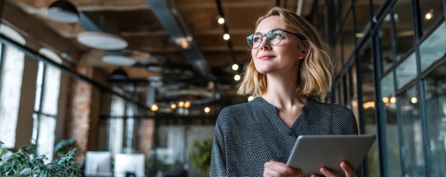 Confident business lady reviewing digital reports in modern office space