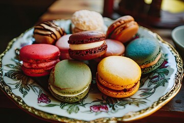 Colorful macarons on a decorative plate