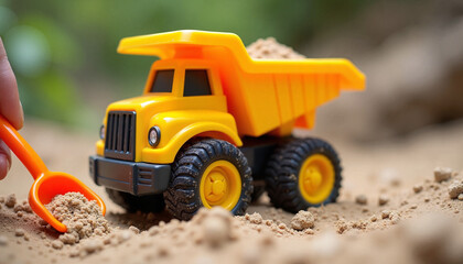 Yellow toy dump truck playing in sand for International Children's Day  
