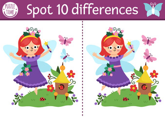 Fototapeta premium Find differences game for children. Fairyland educational activity with cute berry fairy on a meadow. Magic forest puzzle for kids. Fairytale printable worksheet, page with fantasy girl