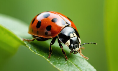 Fototapeta premium A small ladybug sits on the surface of a green leaf, adding a pop of red to the natural surroundings