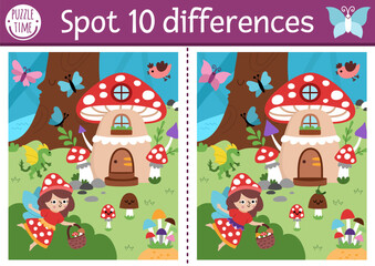 Fototapeta premium Find differences game for children. Fairyland educational activity with landscape with mushroom fairy and house. Magic forest puzzle for kids. Fairytale printable worksheet, page with fantasy girl