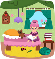 Fototapeta premium Vector scene with fairy reading book on a bed in bedroom. Funny composition with girls. Cute scenery with magic princess in cozy tree house. Fantasy scene illustration. Fairytale picture for kid