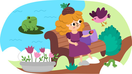 Naklejka premium Vector scene with acorn fairy sitting on a bench in park or garden, feeding bird. Funny composition with girl. Cute scenery with magic princess. Fantasy scene illustration. Fairytale picture for kid