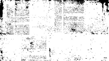 Newspaper with old grunge vintage unreadable paper texture background. Vector white and black newspaper paper grunge vintage old aged texture with fragments of newspaper text transparent background.