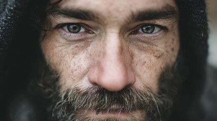 Obraz premium closeup portrait of middle aged man with full beard captured against neutral background, serious introspective expression emphasizing natural facial features emotional depth authenticity and character
