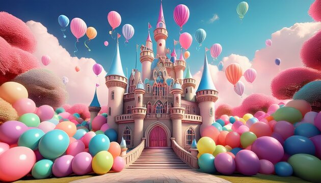 a whimsical castle surrounded by colorful pastel balloons creates a magical atmosphere perfect for celebrations and fairy tale themes