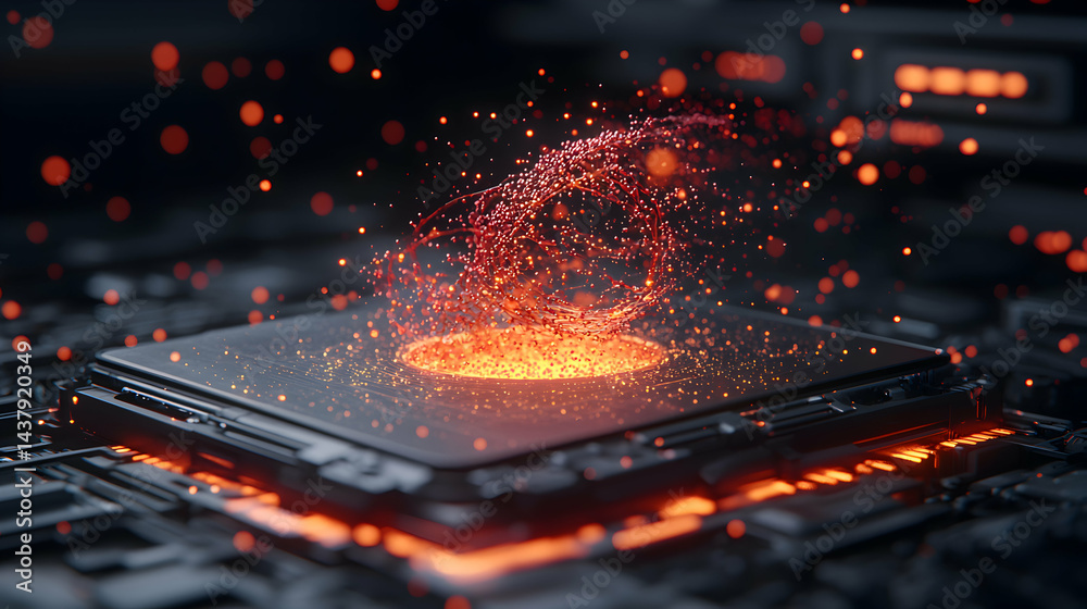 Poster a futuristic image of a glowing cpu. great for tech presentations showcasing data processing speed a