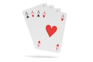 Four aces playing cards overlapping floating over white background