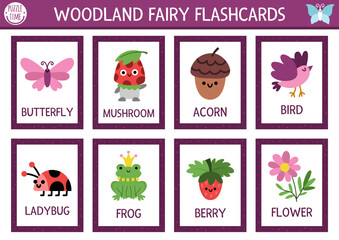 Vector fairyland flash cards set with butterfly, acorn, berry, bird. English language game for kid. Magic woods flashcards. Fairytale forest nature educational printable worksheet with animals