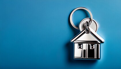 a silver key to a house attached to a keychain is shown against a blue background empty space for copying onto the keychain represents the idea of buying a new house and the real estate property