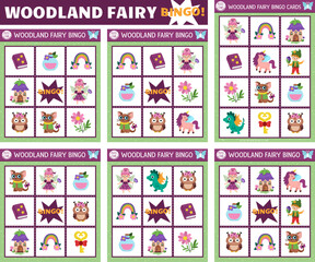 Vector fairyland bingo cards set. Fun family lotto board game with cute fairy for kids. Magic forest lottery activity. Simple educational printable worksheet with dwarf, elf, rainbow, unicorn
