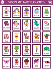 Vector fairyland flash cards set with fairy, rainbow, house, dwarf, elf, dragon, potion. English language game for kid. Magic woods flashcards. Fairytale forest nature educational printable worksheet