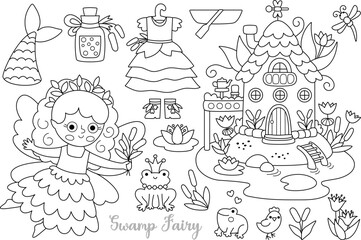 Vector black and white swamp fairy clipart set. Cute girl line icons. Woodland princess collection. Fantasy, fairytale forest illustrations. Magic creature coloring page with marsh, mermaid