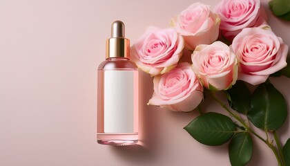 luxury skincare blank serum bottle mockup with soft pink roses on a pastel background with empty copy space for text