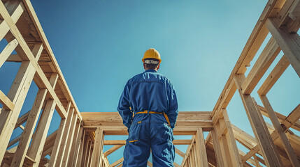 Construction worker in blue coveralls observing house frame under clear sky