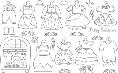 Vector black and white fairy wardrobe clipart set. Cute girl line icons of little girl dresses, shoes, hats, boots. Woodland princess clothes. Fantasy forest fay costume illustrations, coloring page