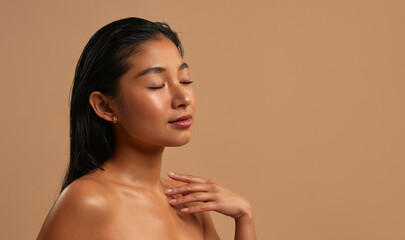Beautiful young woman with clean fresh skin on face . Girl facial treatment .