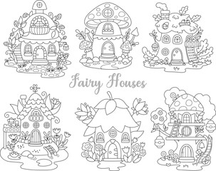 Vector black and white fairy house clipart set. Woodland princess home line icons. Fantasy forest cottages illustration, coloring page. Magic dwelling shaped as flower, mushroom, treehouse © Lexi Claus