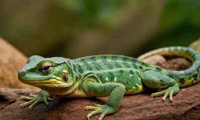 Fototapeta premium A green lizard perched on a rock in a zoo enclosure