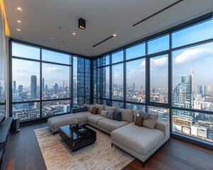 Naklejka premium Panoramic city view from modern living room