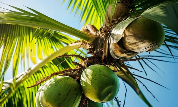 Green coconuts hanging from palm tree in bright sunlight