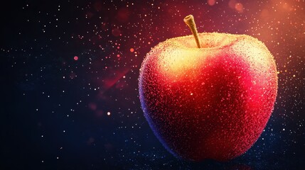 Fresh Red Apple with Water Droplets Against a Dark Background Glittering with Bokeh Effect