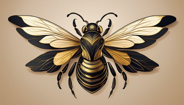 minimalist black and gold bee illustration with detailed wings isolated layered on beige background