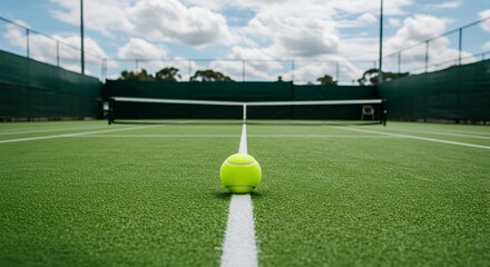 Vibrant Tennis Ball Resting on Court Line Under Cloudy Sky