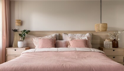 finely decorated bedroom features a wooden headboard light pink bed linen and a beige chest of drawers creating a peaceful retreat
