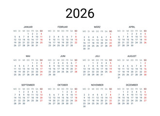2026 year German calendar in German language. Classical, minimalistic, simple design. White background. Vector Illustration. Week starts from Monday.