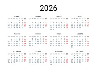 2026 year Italian calendar in Italian language. Classical, minimalistic, simple design. White background. Vector Illustration. Week starts from Monday.