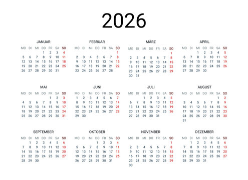 2026 year German calendar in German language. Classical, minimalistic, simple design. White background. Vector Illustration. Week starts from Monday.