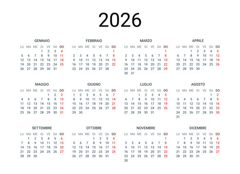 2026 year Italian calendar in Italian language. Classical, minimalistic, simple design. White background. Vector Illustration. Week starts from Monday.