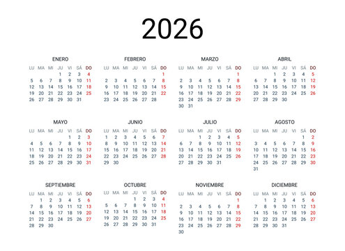 2026 year Spanish calendar in Spanish language. Classical, minimalistic, simple design. White background. Vector Illustration. Week starts from Monday.