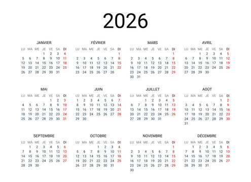 2026 year French calendar in French language. Classical, minimalistic, simple design. White background. Vector Illustration. Week starts from Monday.