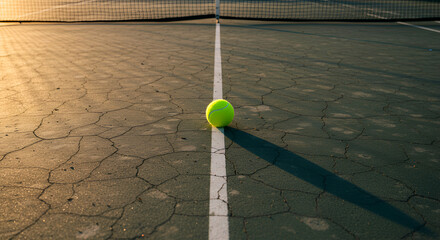 Tennis Ball Resting On the Baseline of a Cracked Court in Sunlight