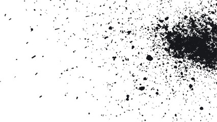 Dirt dust texture isolated on white background, top view. Black dust with effect fragments explosion isolated on white background and texture, 