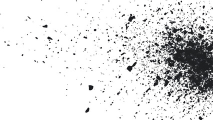 Dirt dust texture isolated on white background, top view. Black dust with effect fragments explosion isolated on white background and texture, 