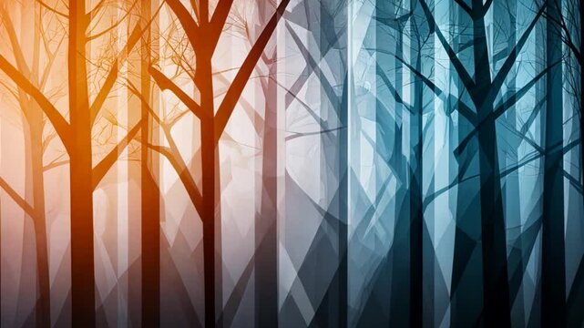 Abstract forest scene with geometric trees in contrasting colors, evoking a surreal atmosphere