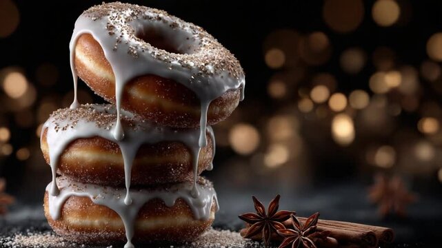 Three delectable donuts are stacked high, drizzled with creamy icing and sprinkled with spices, creating an enticing display against a soft, blurred backdrop that enhances their sweetness