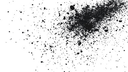 Dirt dust texture isolated on white background, top view. Black dust with effect fragments explosion isolated on white background and texture, 