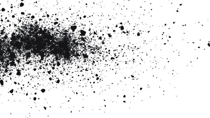 Dirt dust texture isolated on white background, top view. Black dust with effect fragments explosion isolated on white background and texture, 
